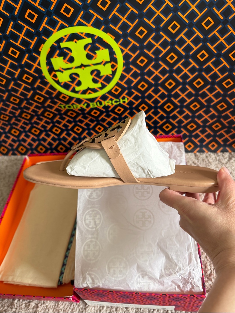 Tory Burch Miller Soft Leather Sandals Light Sand Size 8.5 Cream Pink - Picture 3 of 9